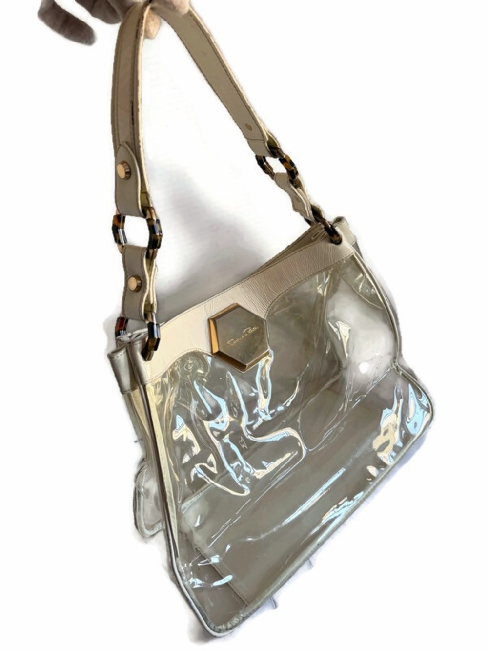 Oscar de la Renta Clear PVC Shoulder Bag with Cream Trim and Gold Hardware
